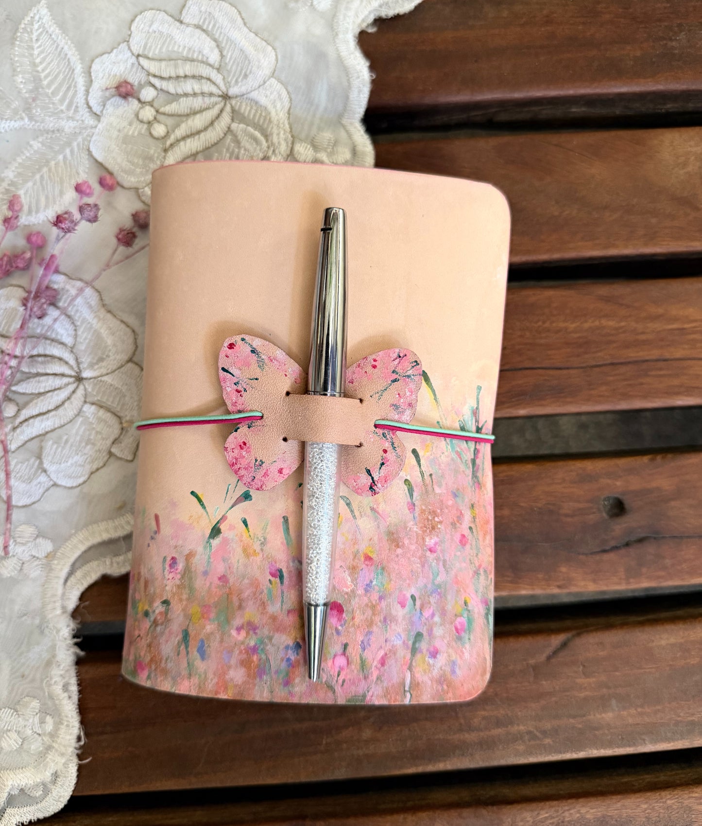 Hand-Painted, Hand-Stitched Leather Journal & Traveler's Notebook Cover | Blooms