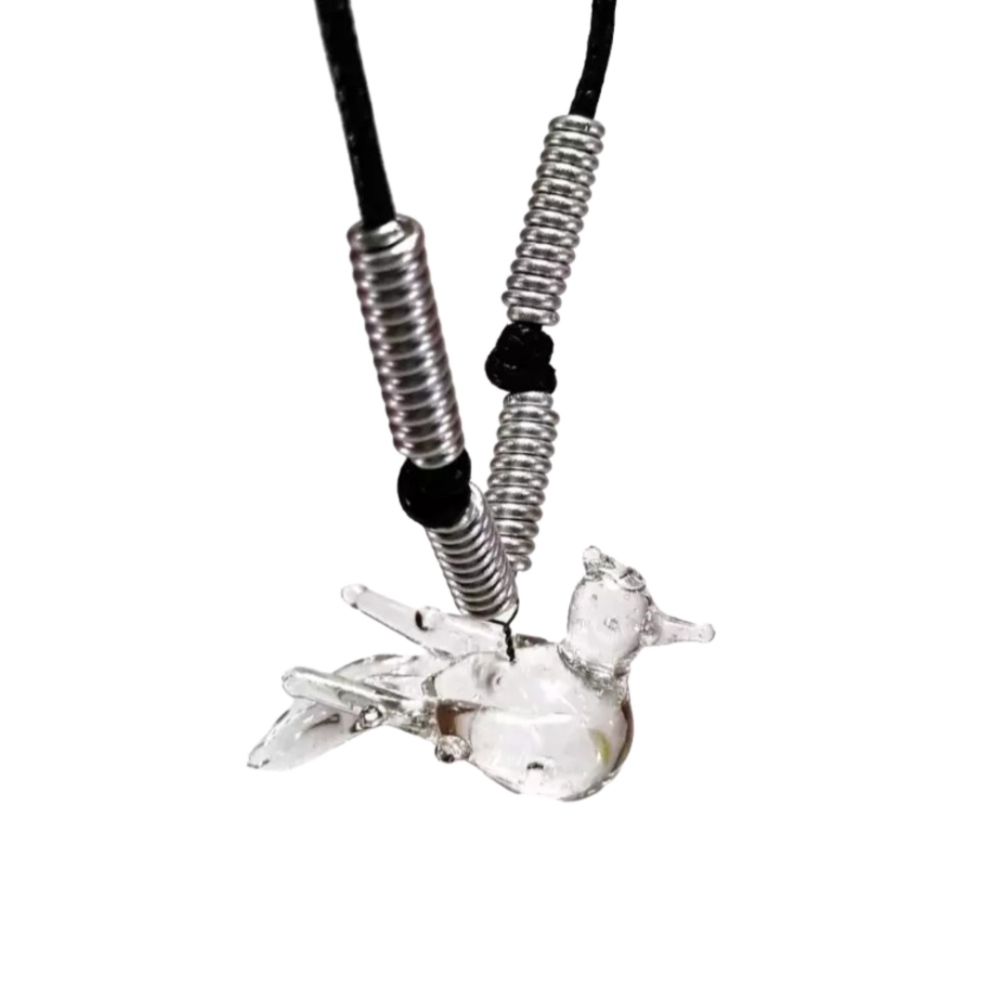 Bird Glass Pendant with Alum Wire Accent Necklace by Liman Glass Clear