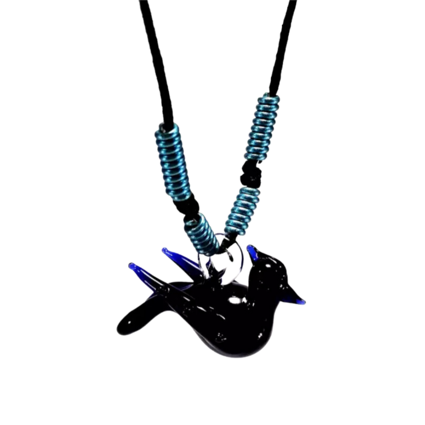 Bird Glass Pendant with Alum Wire Accent Necklace by Liman Glass Dark Blue