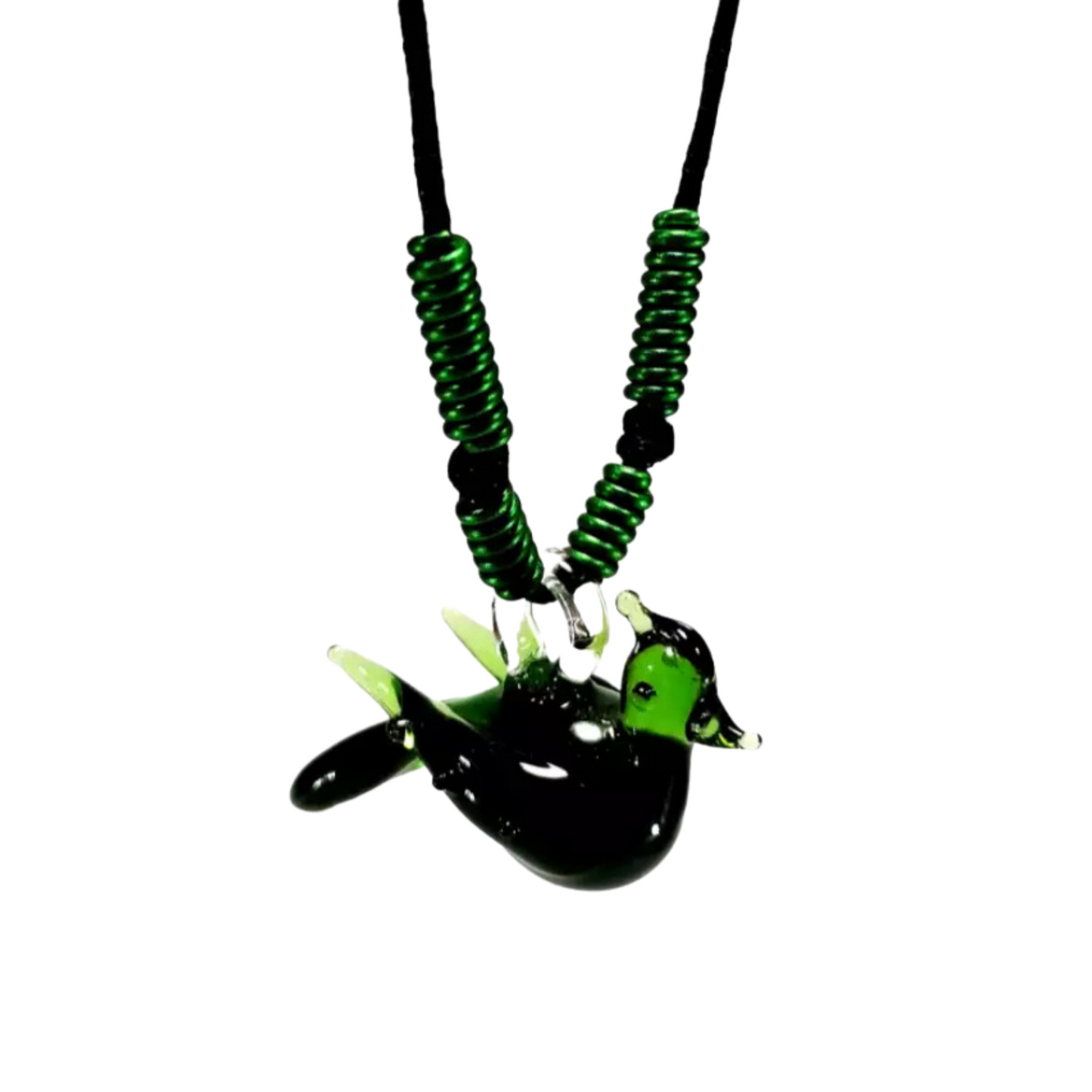 Bird Glass Pendant with Alum Wire Accent Necklace by Liman Glass Green