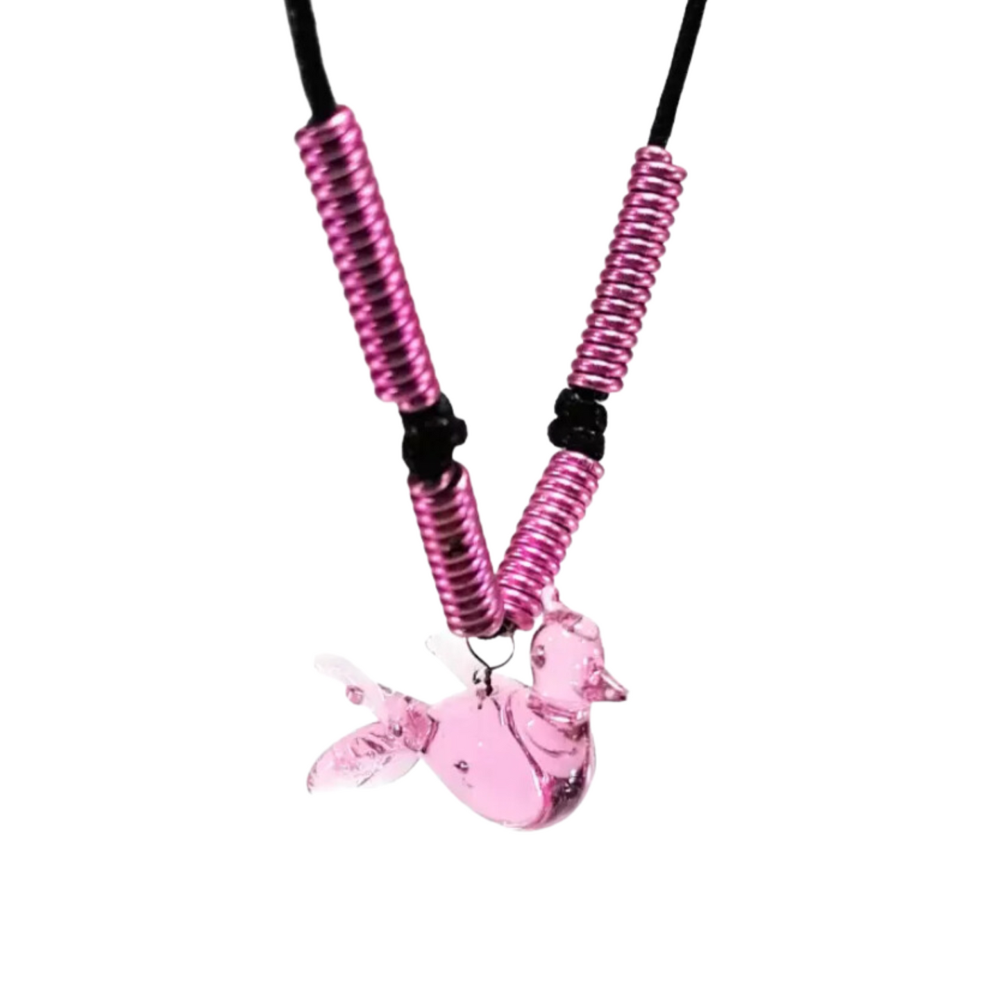 Bird Glass Pendant with Alum Wire Accent Necklace by Liman Glass Pink