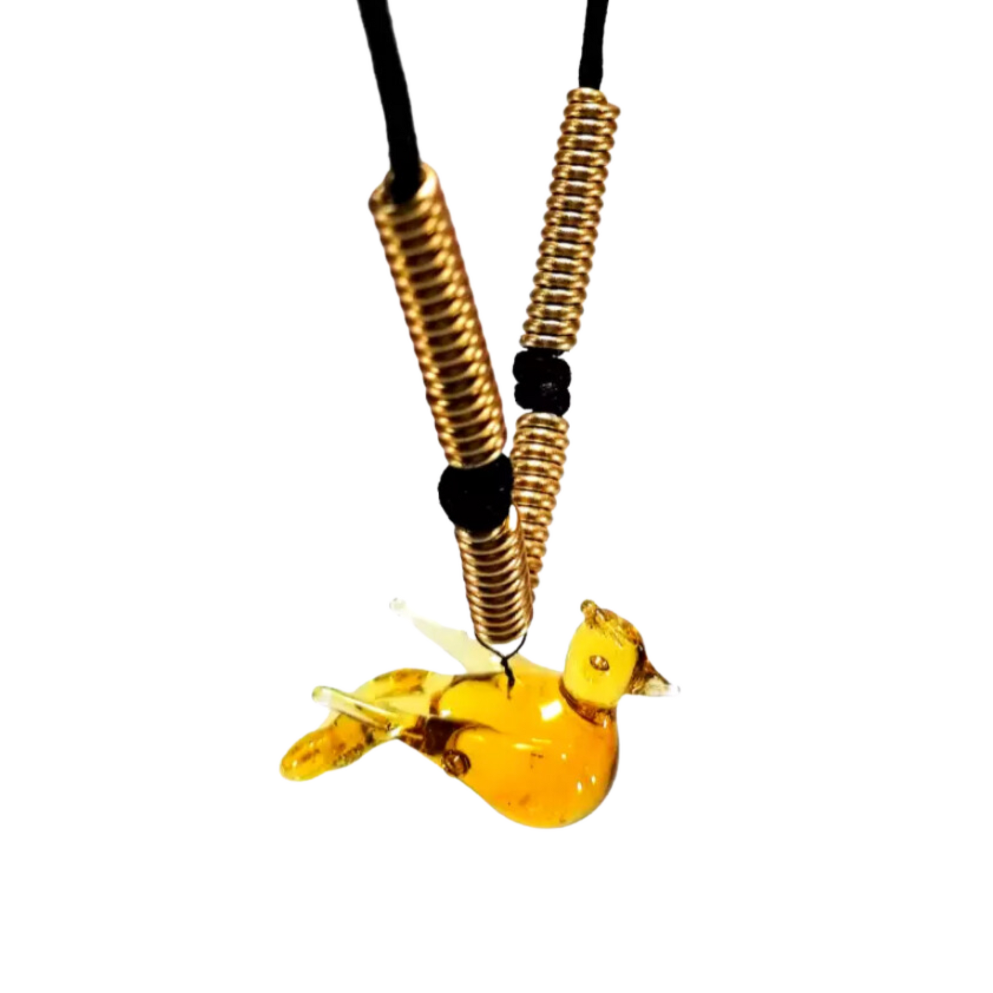 Bird Glass Pendant with Alum Wire Accent Necklace by Liman Glass Yellow