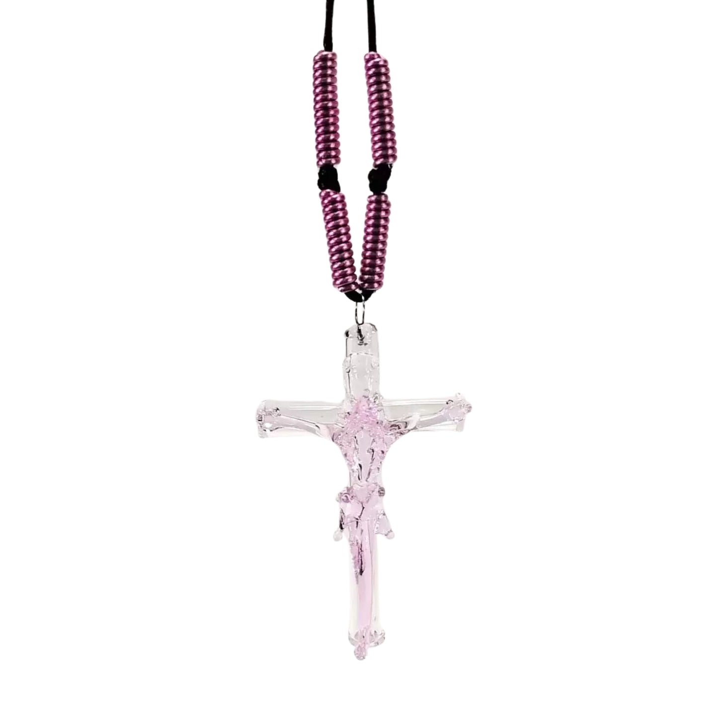 Pink Glass Crucifix Pendant Necklace