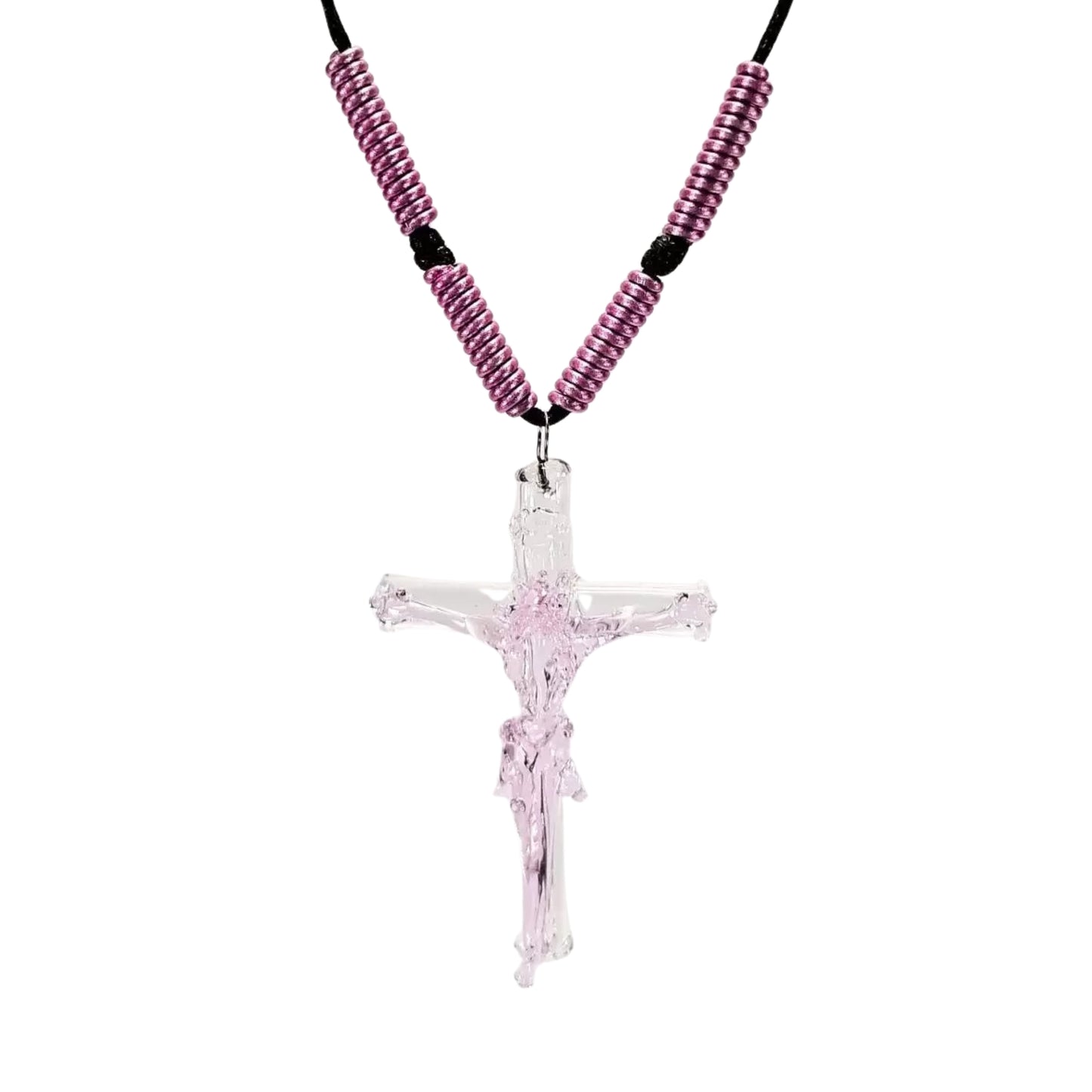 Pink Glass Crucifix Pendant Necklace