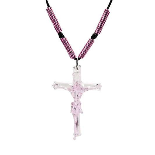 Pink Glass Crucifix Pendant Necklace