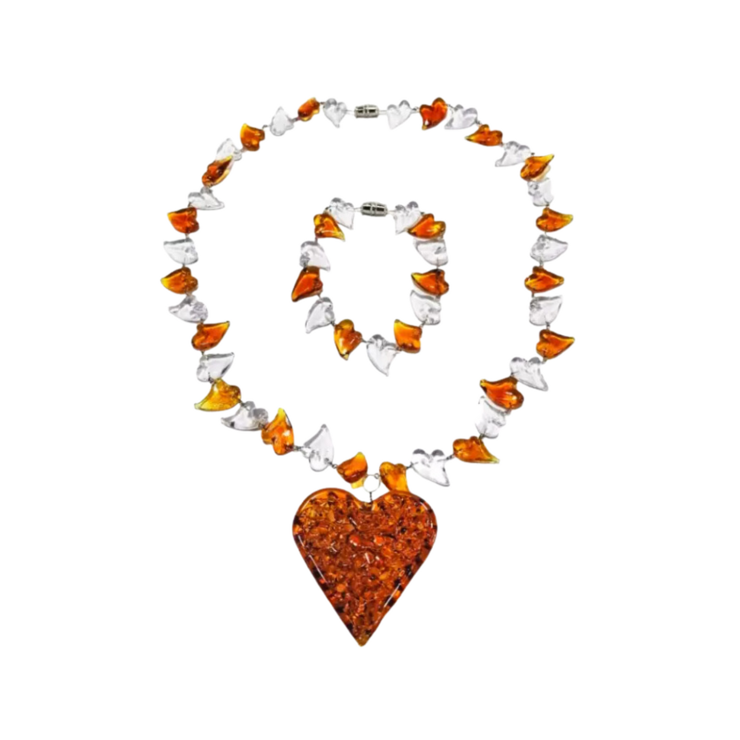 Crochet Heart Oblong Pendant Set by Liman Glass Amber