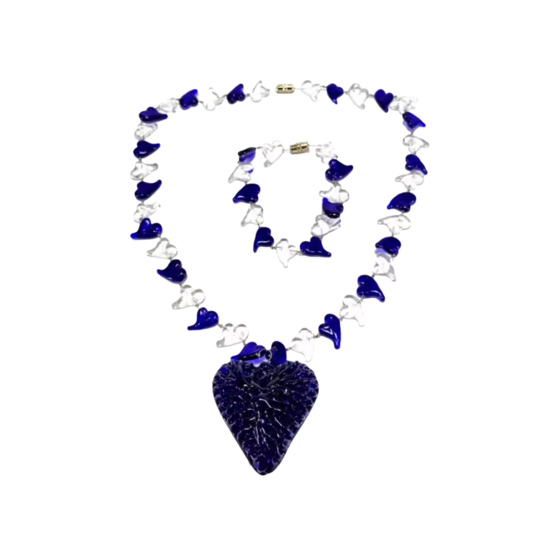 Crochet Heart Oblong Pendant Set by Liman Glass Dark Blue