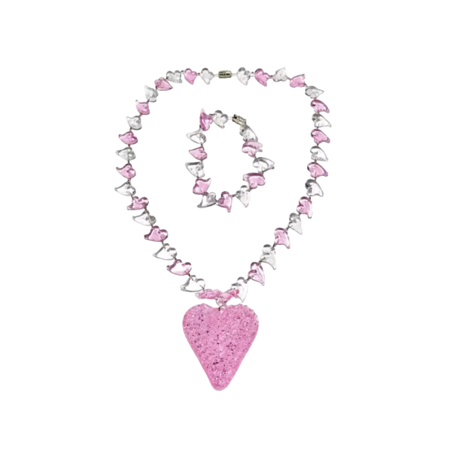 Crochet Heart Oblong Pendant Set by Liman Glass Pink