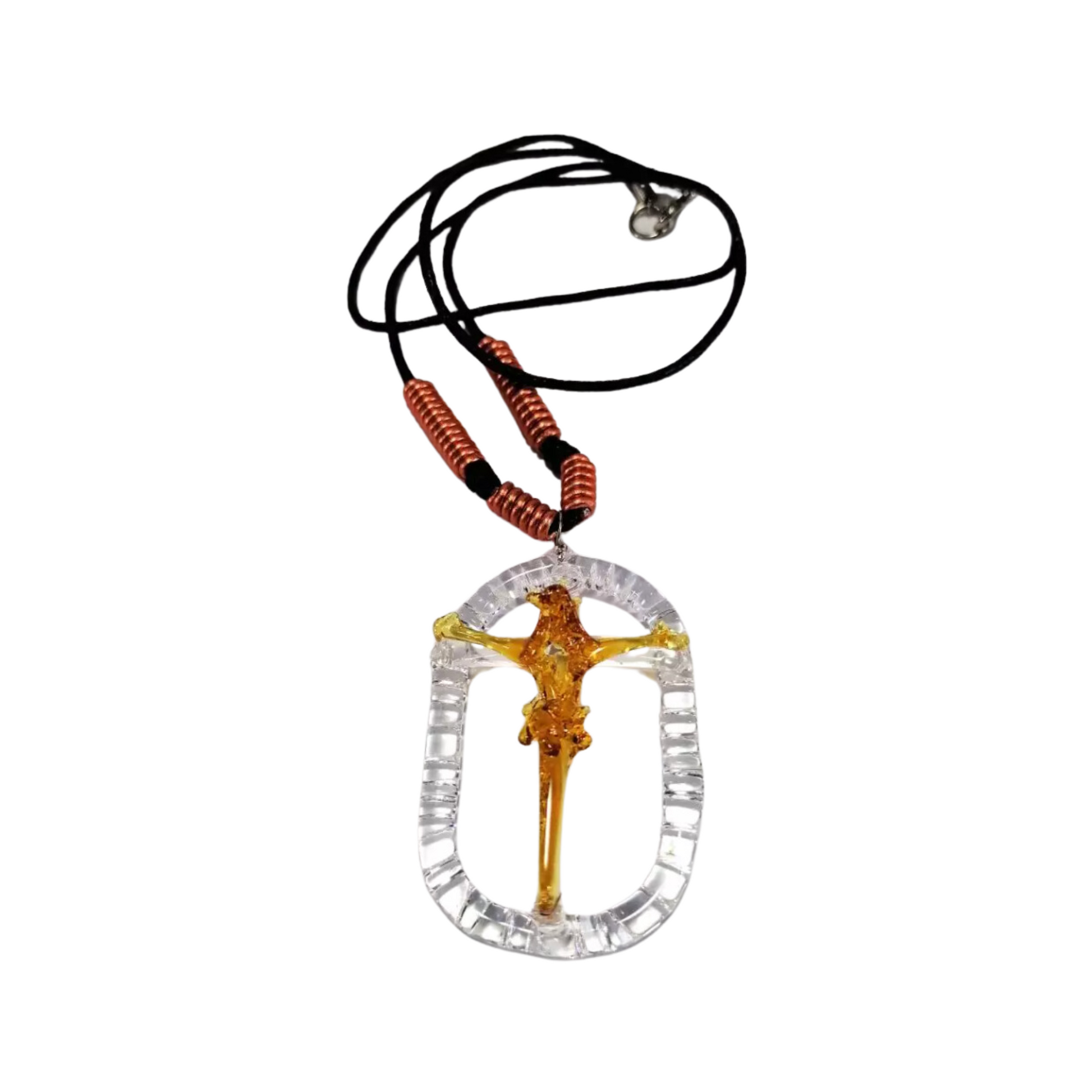 Cross Necklace Oval Glass Crucifix Jesus Pendant by Liman Glass Amber