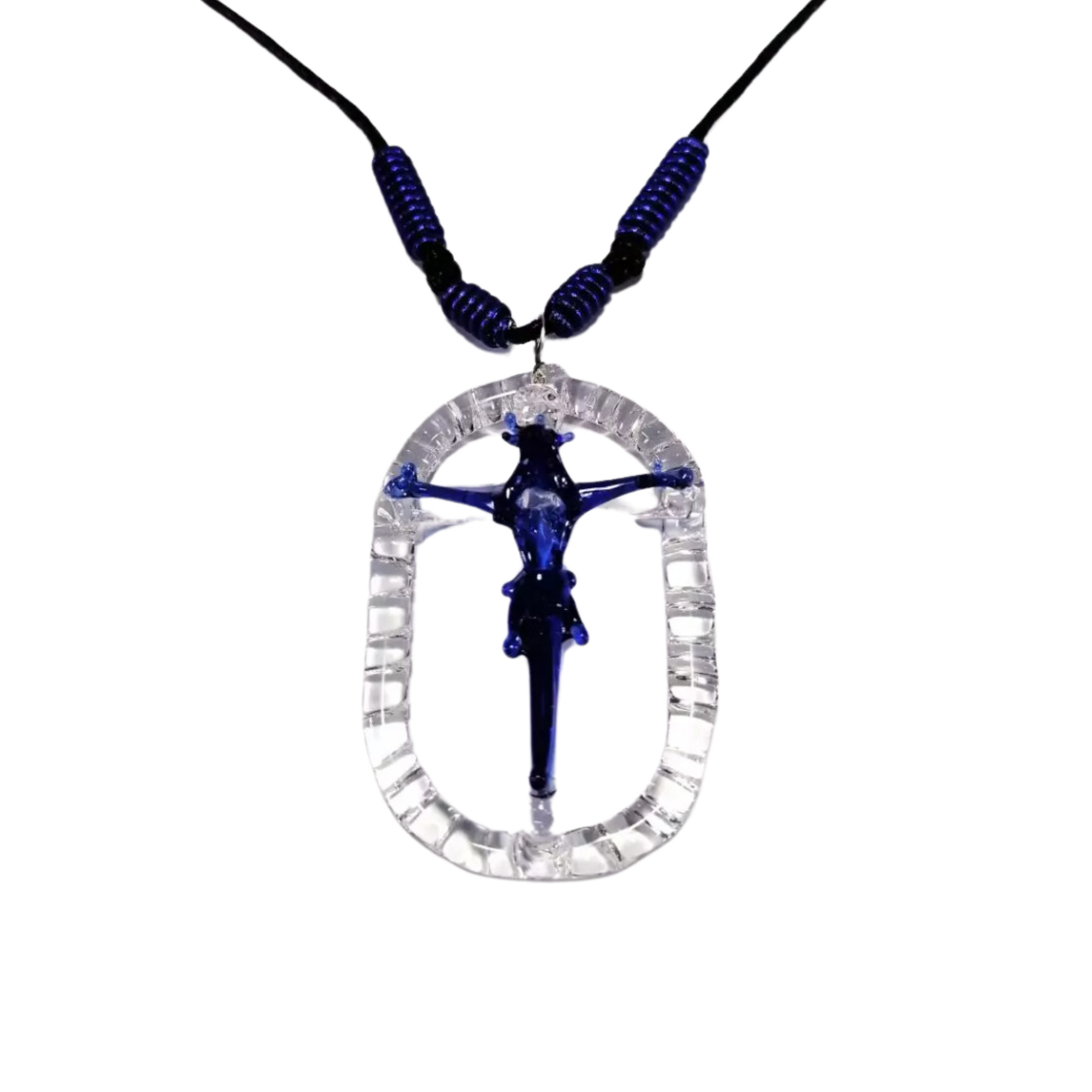 Cross Necklace Oval Glass Crucifix Jesus Pendant by Liman Glass Dark Blue