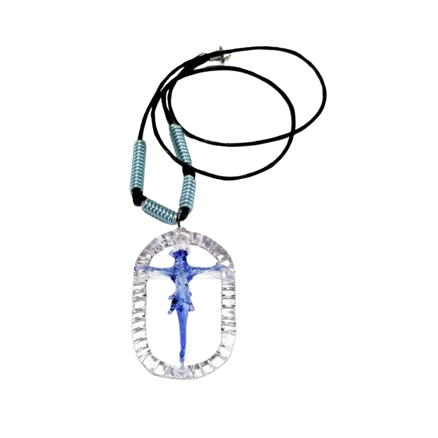 Cross Necklace Oval Glass Crucifix Jesus Pendant by Liman Glass Light Blue