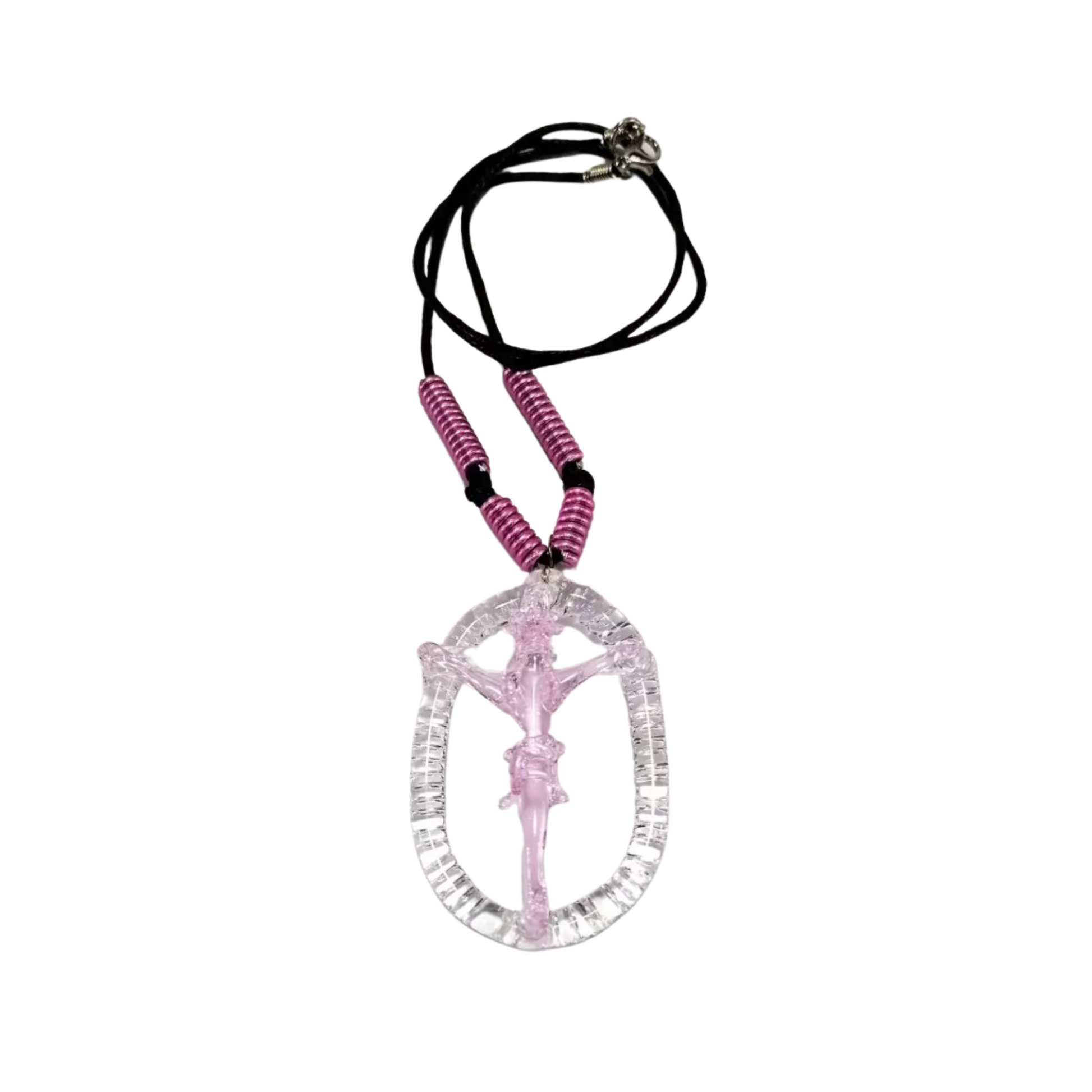 Cross Necklace Oval Glass Crucifix Jesus Pendant by Liman Glass Pink