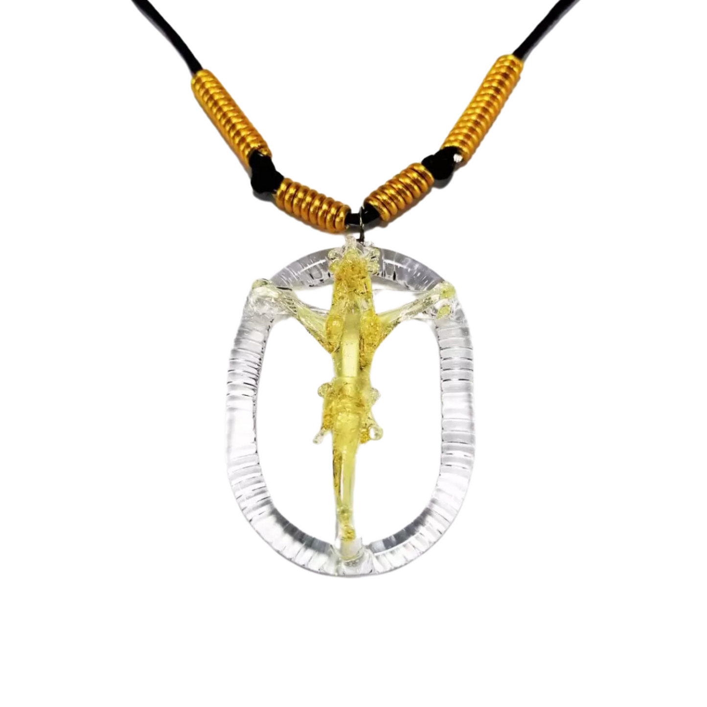 Cross Necklace Oval Glass Crucifix Jesus Pendant by Liman Glass Yellow