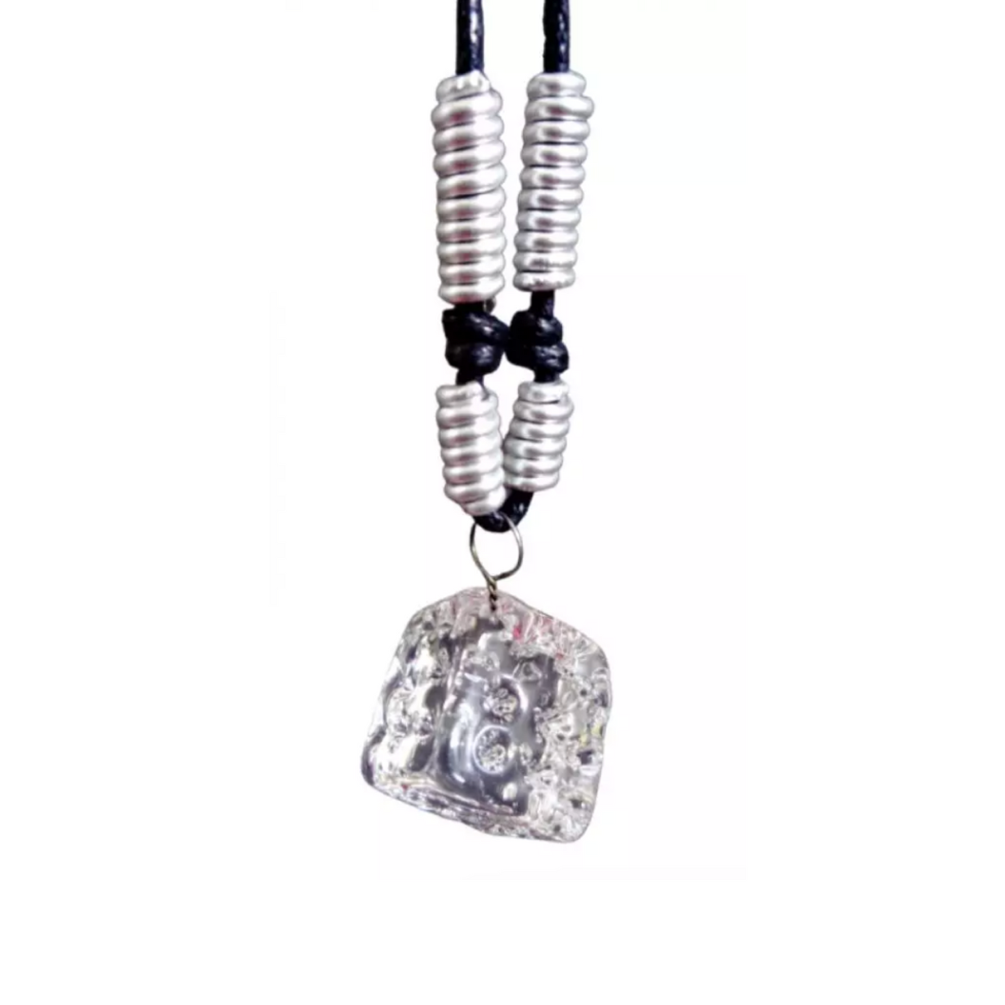 Dice Glass Pendant and Alum Wire Accent Necklace by Liman Glass Clear