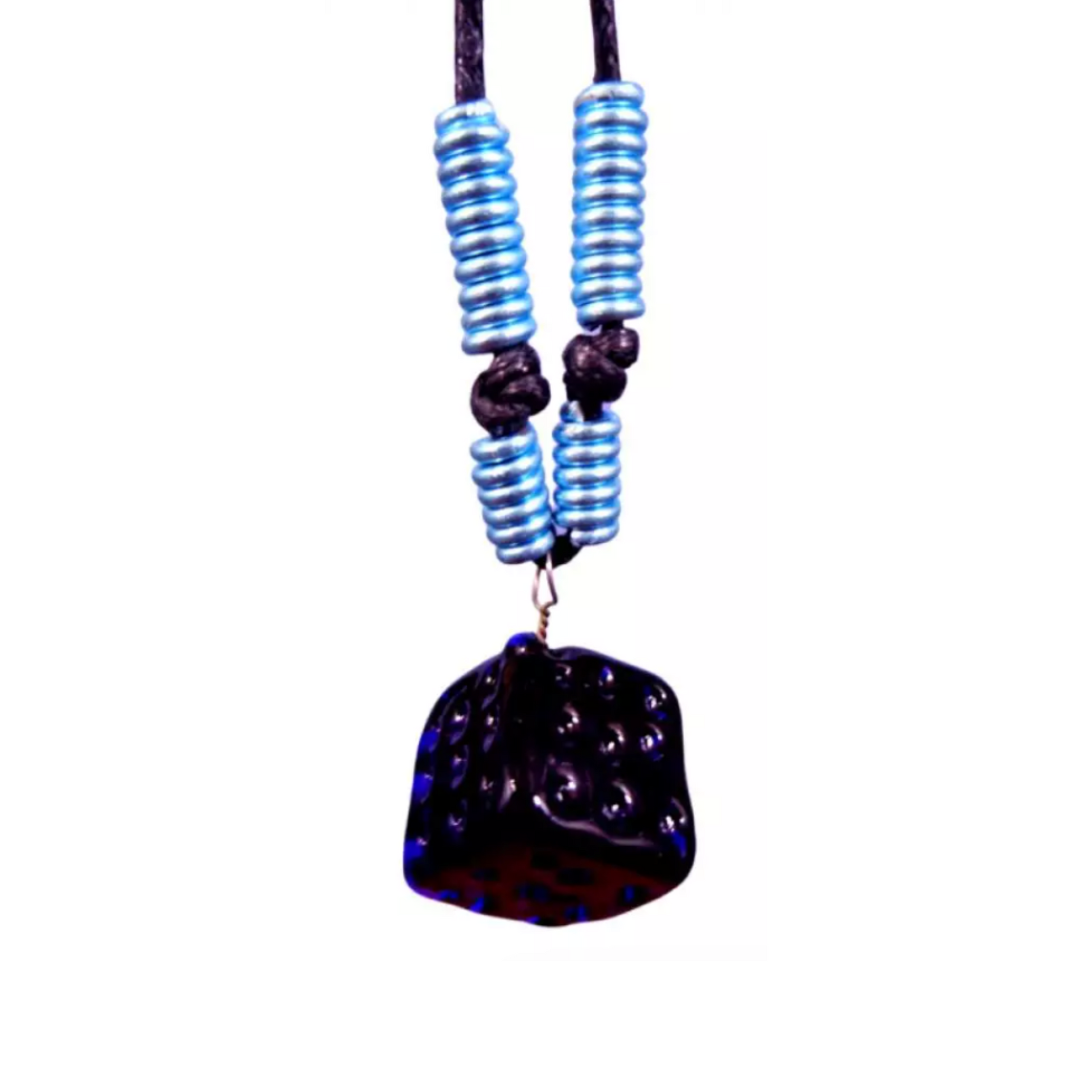 Dice Glass Pendant and Alum Wire Accent Necklace by Liman Glass Dark Blue