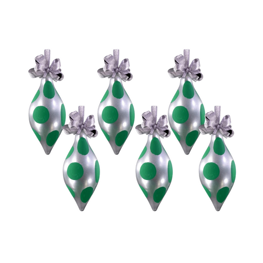 Set of 6pc Handpainted Glass Christmas Tree Ornaments (Silver & Green Polka Dots)