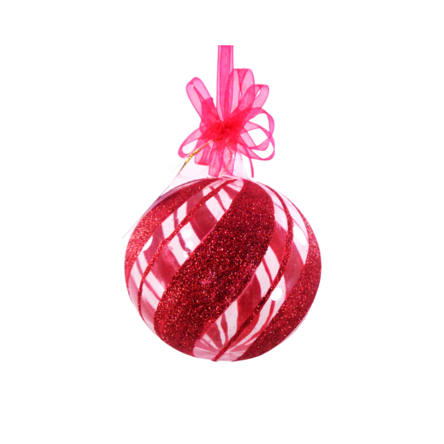 Set of 6pc Glitter Glass Christmas Ornaments (Red Swirl, Circle)