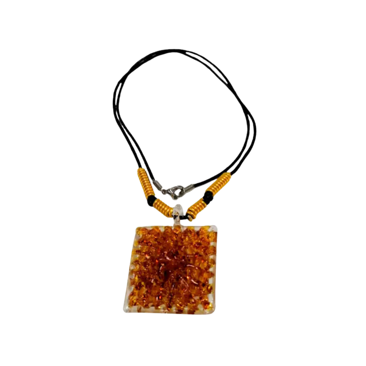 Square Crochet Glass Pendant with Alum Wire Accent Necklace by Liman Glass Amber