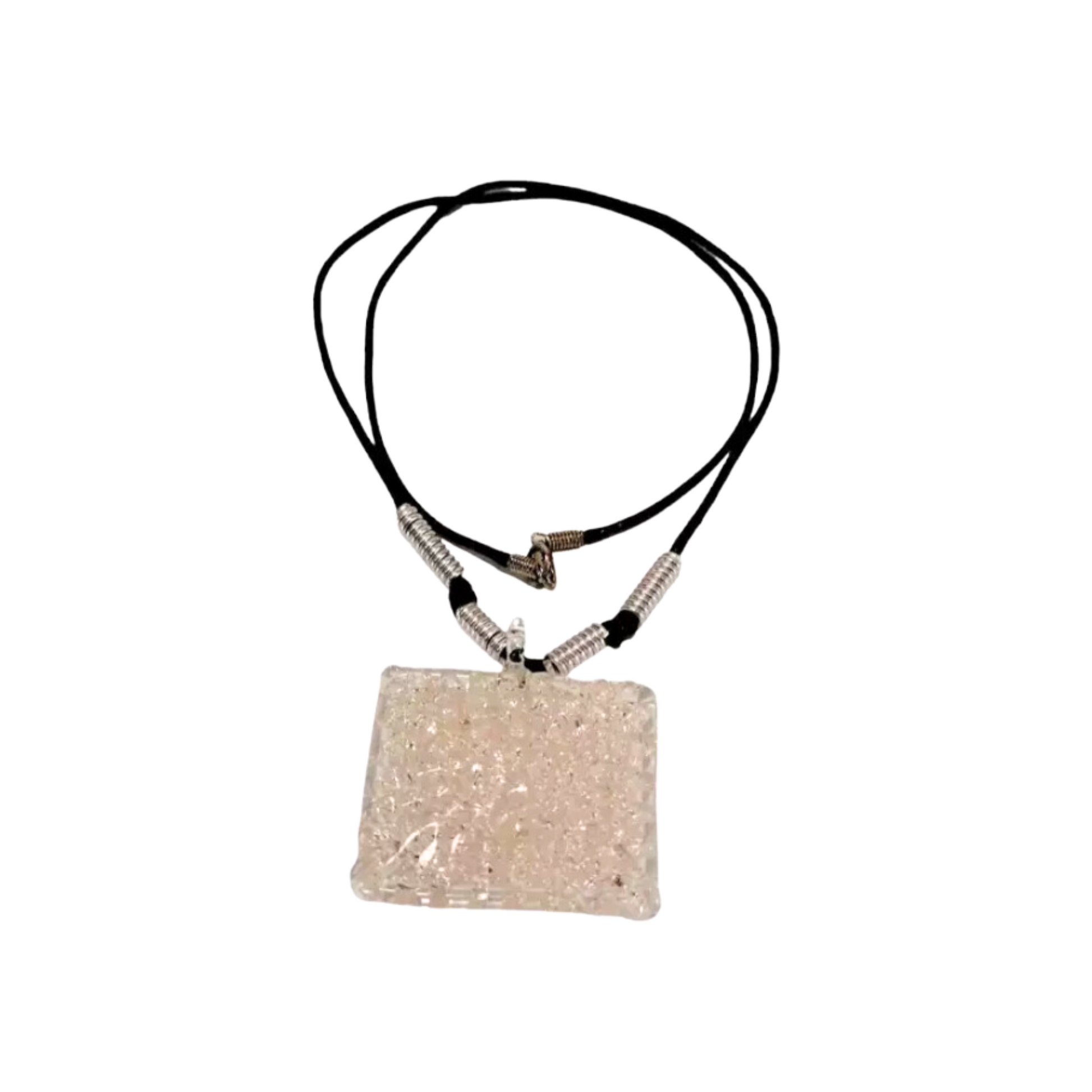 Square Crochet Glass Pendant with Alum Wire Accent Necklace by Liman Glass Clear