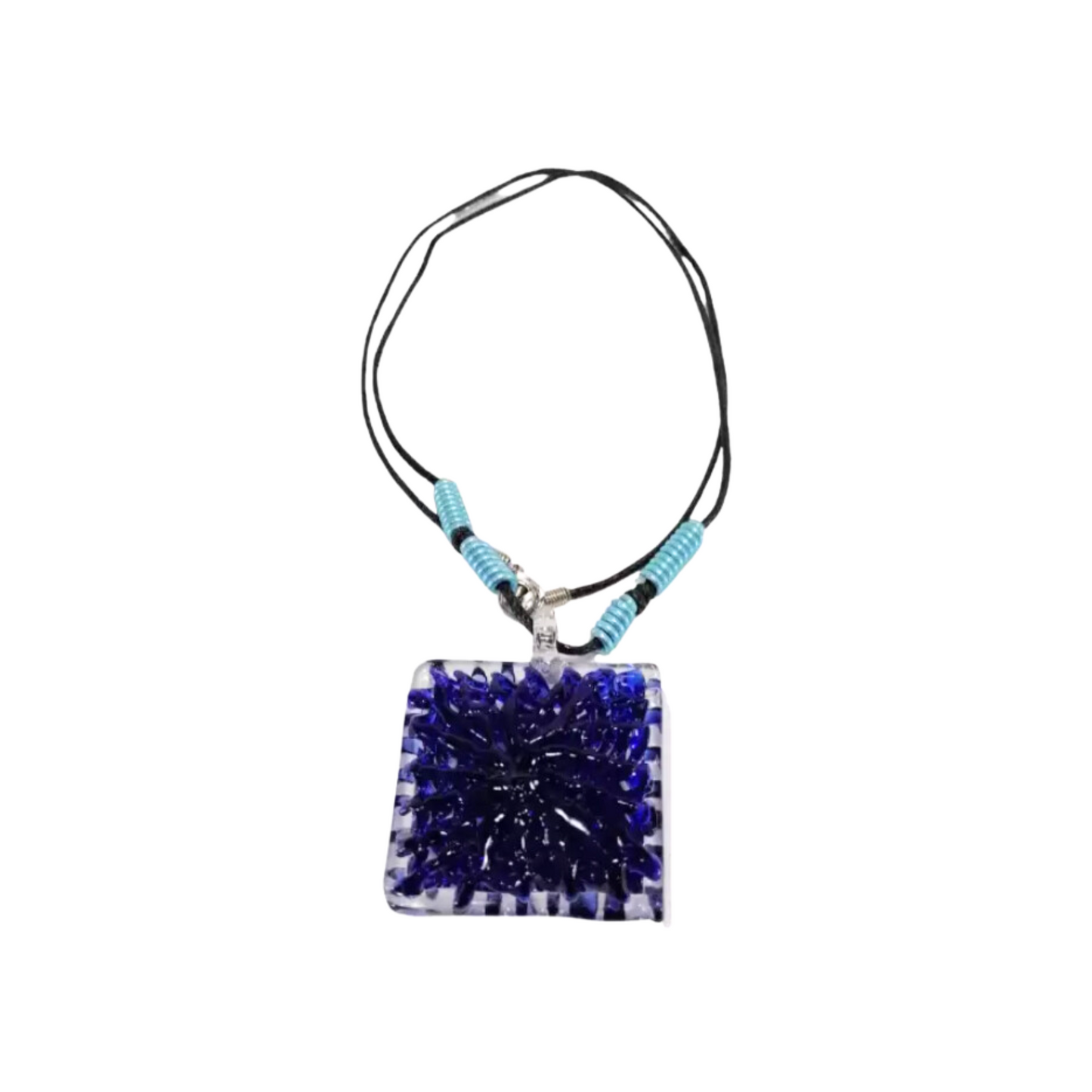 Square Crochet Glass Pendant with Alum Wire Accent Necklace by Liman Glass Dark Blue