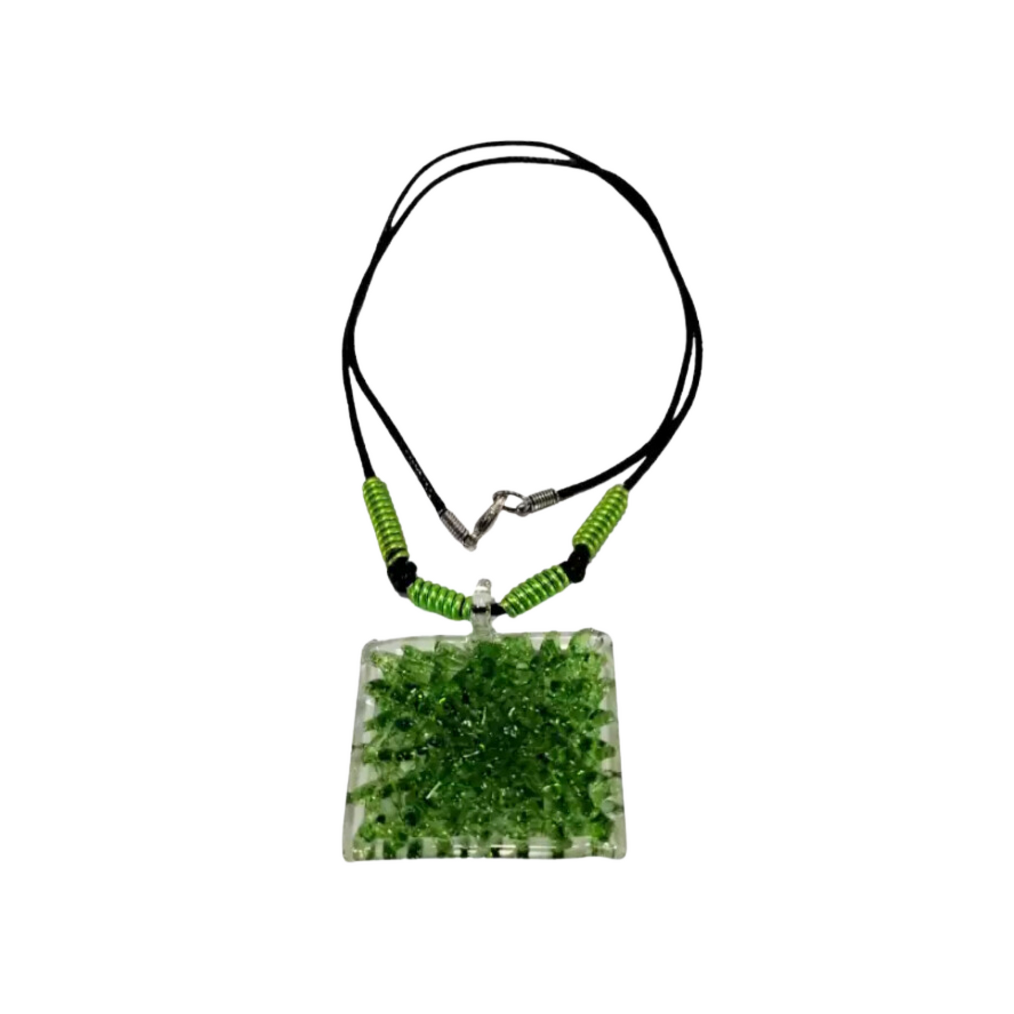 Square Crochet Glass Pendant with Alum Wire Accent Necklace by Liman Glass Green