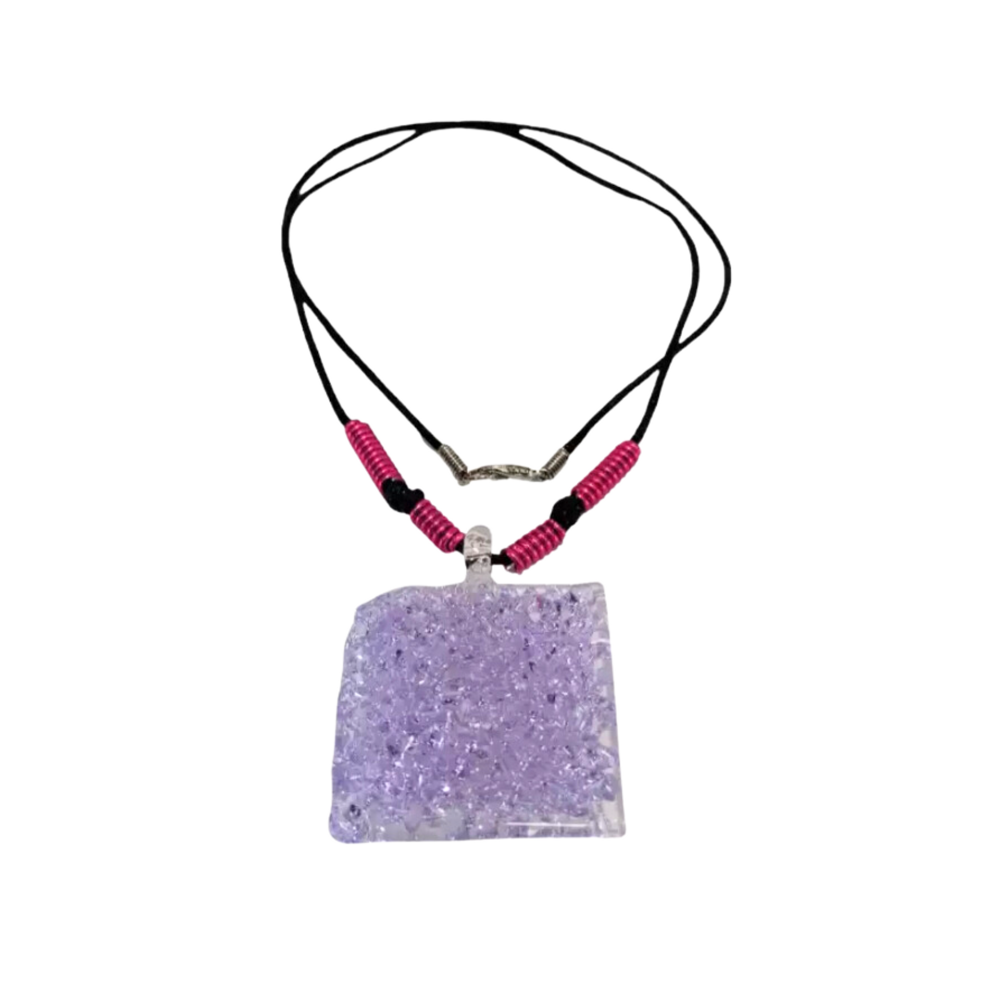 Square Crochet Glass Pendant with Alum Wire Accent Necklace by Liman Glass Lavender