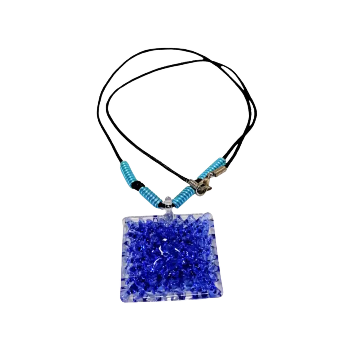 Square Crochet Glass Pendant with Alum Wire Accent Necklace by Liman Glass Light Blue