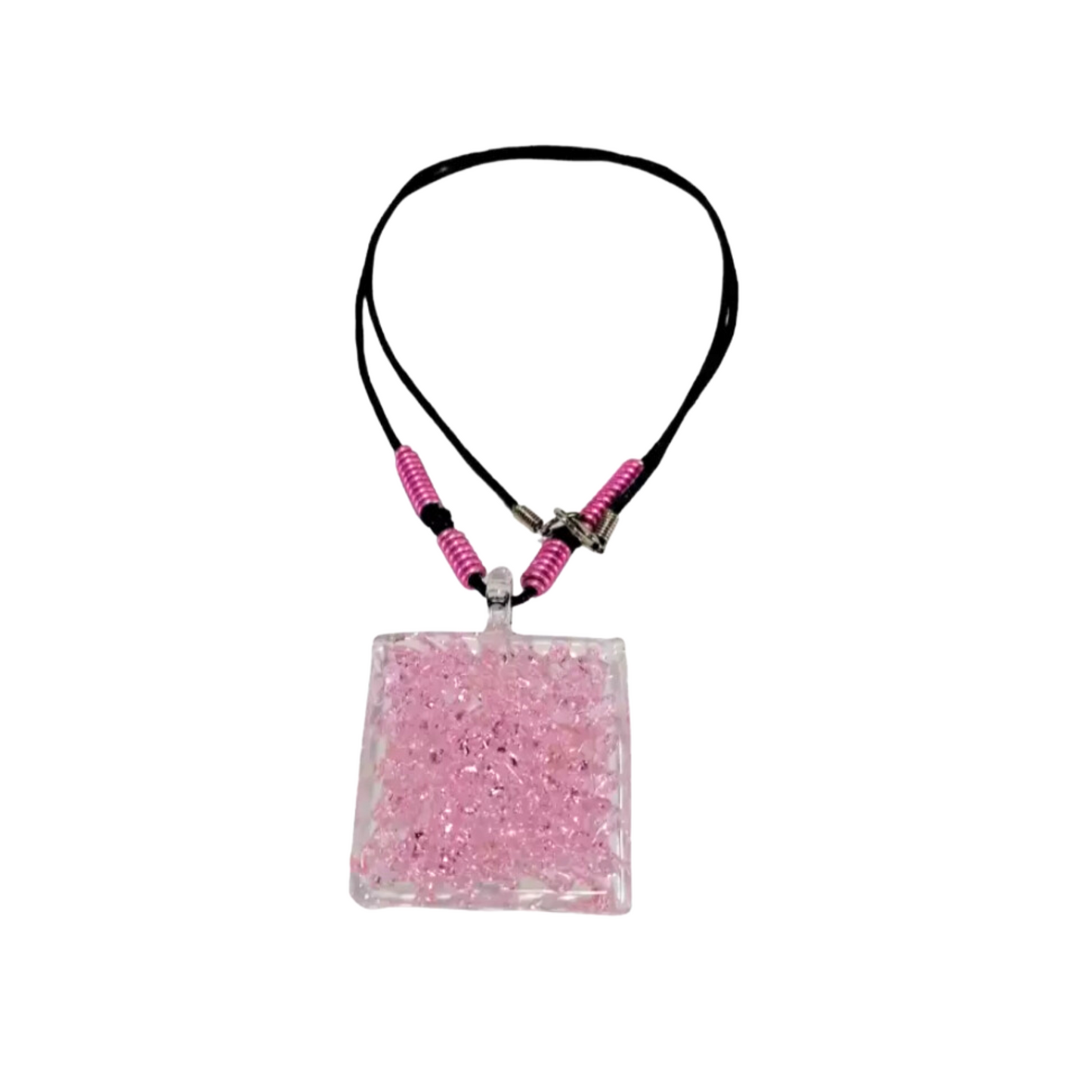 Square Crochet Glass Pendant with Alum Wire Accent Necklace by Liman Glass Pink