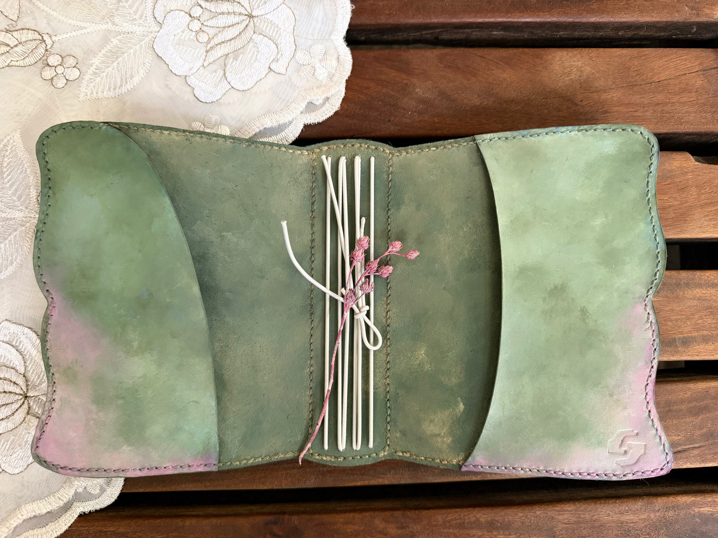 Hand-Painted, Hand-Stitched Leather Journal & Traveler's Notebook Cover | Soft Moss