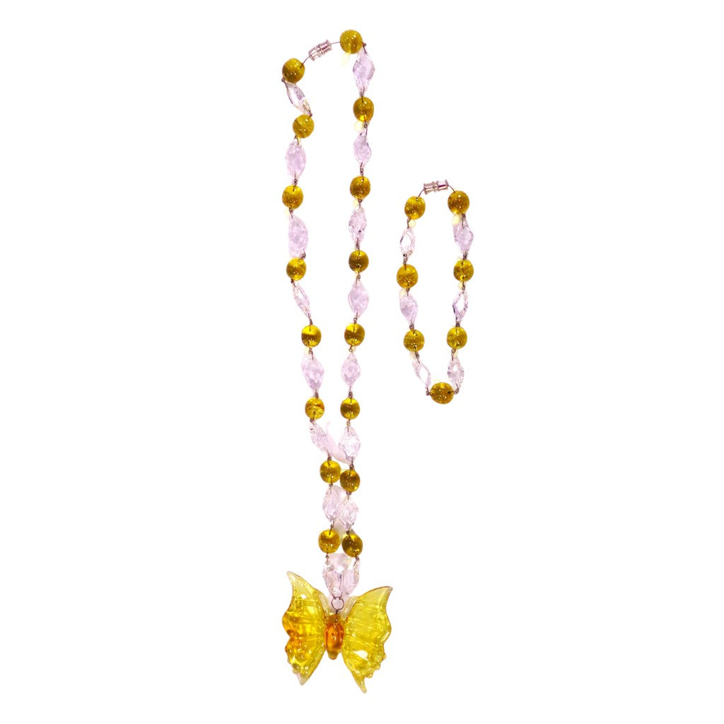 Liman Glass Butterfly Pendant Beads & Diamond Necklace with Bracelet Set for Women