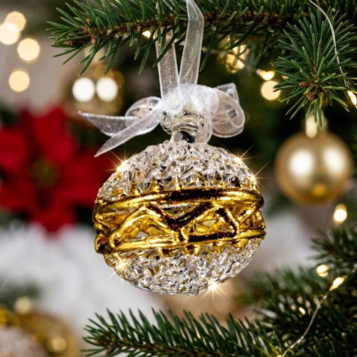 Crochet Glass Christmas Ball Ornaments with Gold Leafing