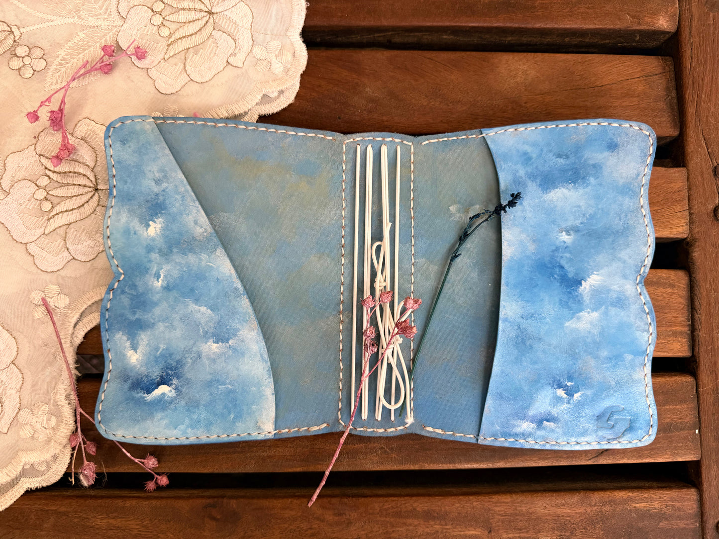 Hand-Painted, Hand-Stitched Leather Journal & Traveler's Notebook Cover | Cloud Drift