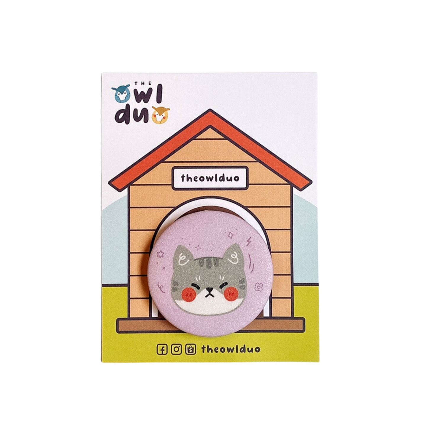 The Owl Duo Priscilla and Sarah Cheung Animal Button Pins Grey Cat