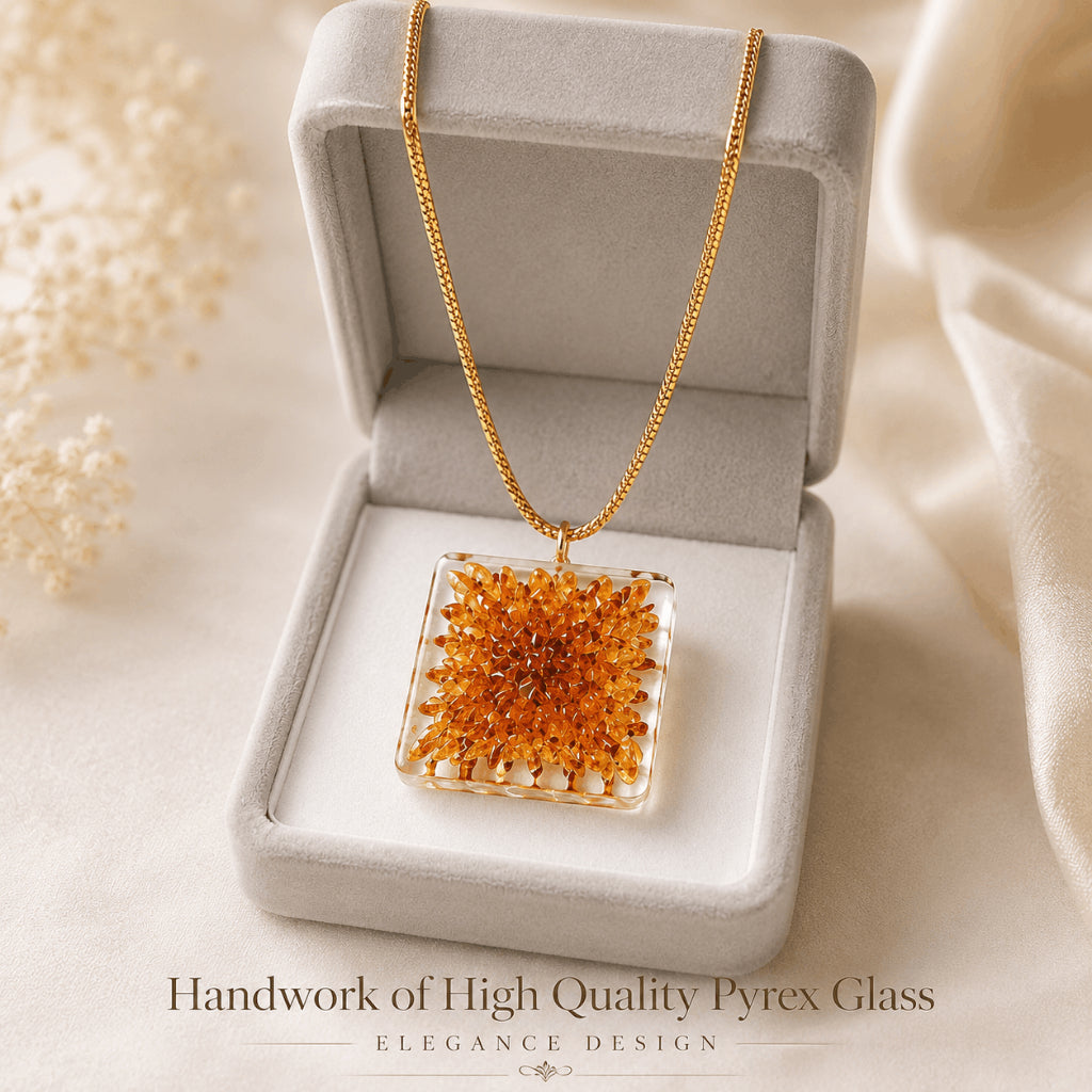 Square Crochet Glass Pendant Gold Chain Necklace